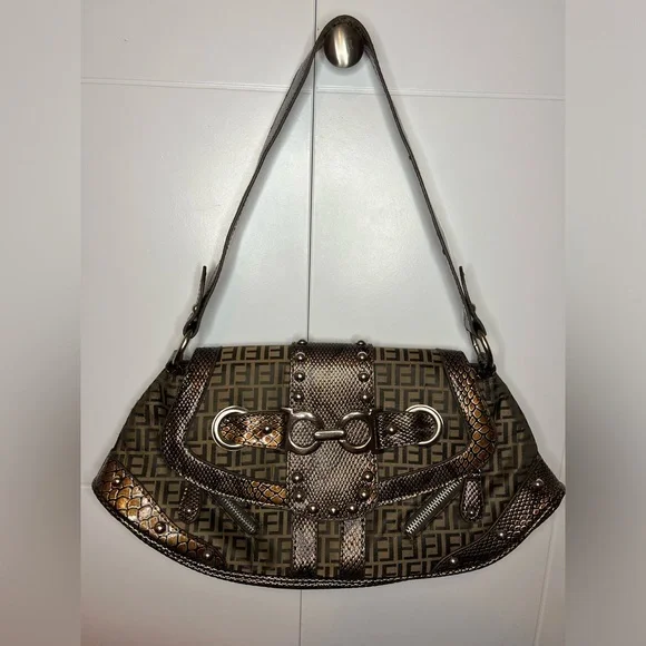Y2K Monogram Shoulder Bag Brown Snakeskin Trim Fiorelli Vintage 2000s - Picture 2 of 10